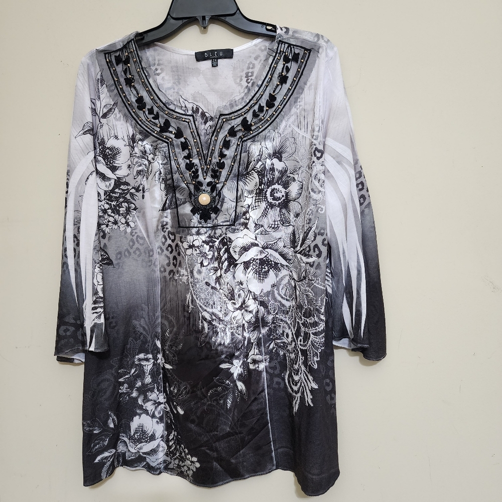 B.L.E.U. size 2X Mesh Embroidered Boho Floral Grunge Fairy‎ Made in USA Black